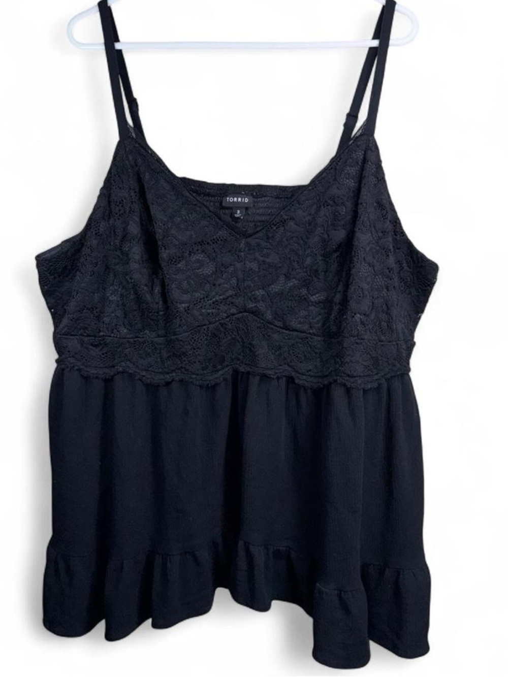 Torrid Black Lace Babydoll Tank Top Flowy Cami Boho Ruffle Hem